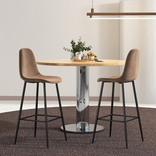 Set of 2 High Back Bar Stools 29.5 Inch with Velvet Upholstery and Metal Frame in Brown