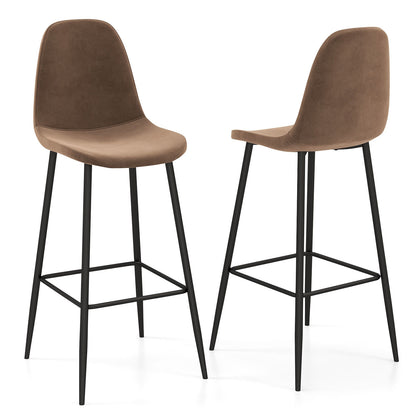 Set of 2 High Back Bar Stools 29.5 Inch with Velvet Upholstery and Metal Frame in Brown