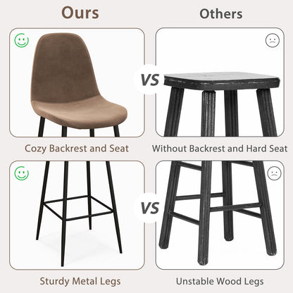 Set of 2 High Back Bar Stools 29.5 Inch with Velvet Upholstery and Metal Frame in Brown