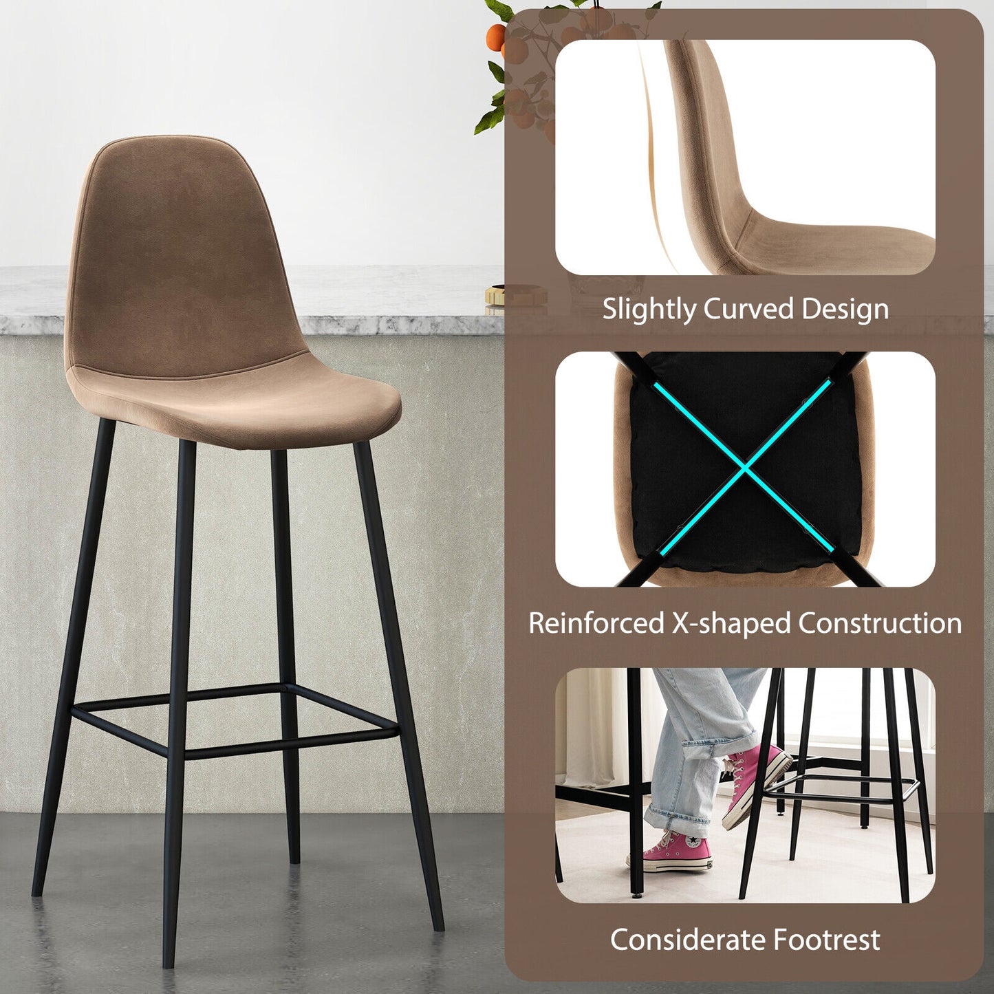 Set of 2 High Back Bar Stools 29.5 Inch with Velvet Upholstery and Metal Frame in Brown