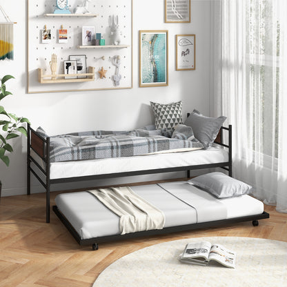 Twin Metal Daybed with Trundle and Wood Panel Accents