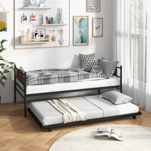 Twin Metal Daybed with Trundle and Wood Panel Accents