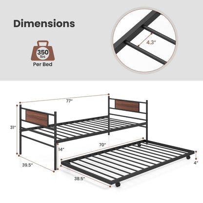 Twin Metal Daybed with Trundle and Wood Panel Accents