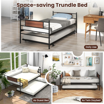 Twin Metal Daybed with Trundle and Wood Panel Accents