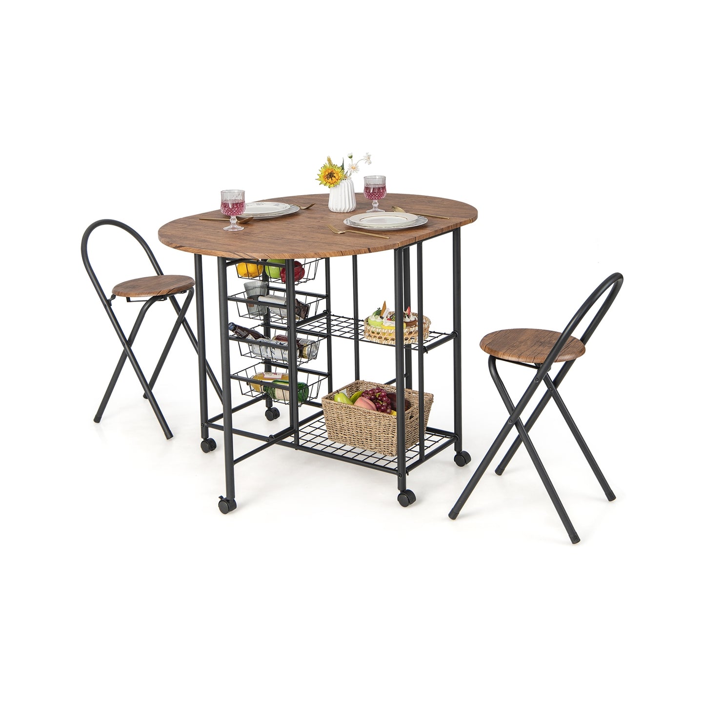 Modern 3 Piece Folding Dining Set with Drop Leaf Table and Comfortable Chairs