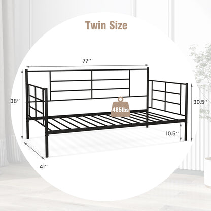 Metal Twin Size Daybed Sofa Frame with Armrests and Backrest for Living Room or Guest Room