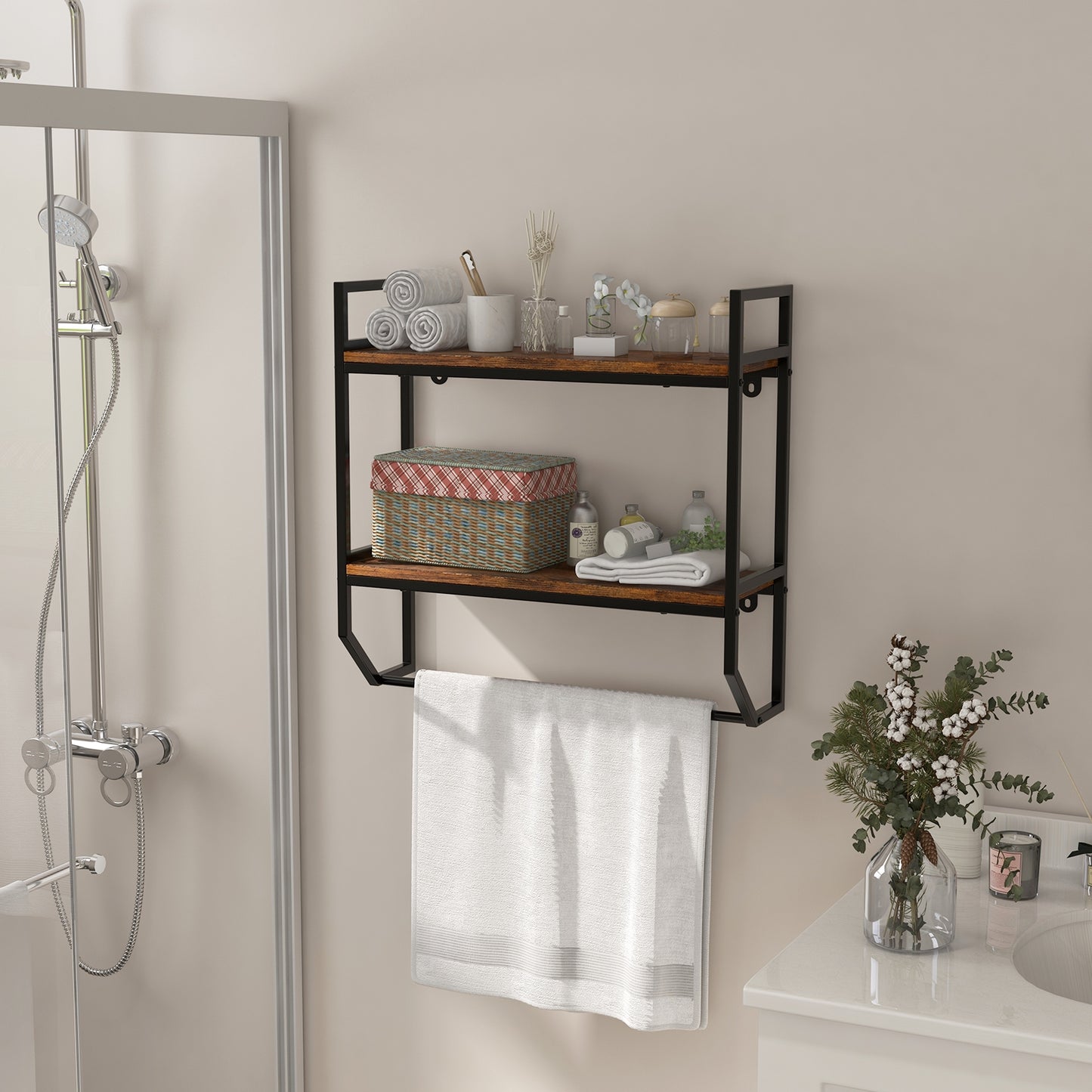 Wall-Mounted Storage Shelf with Metal Frame and Towel Rack for Bathroom