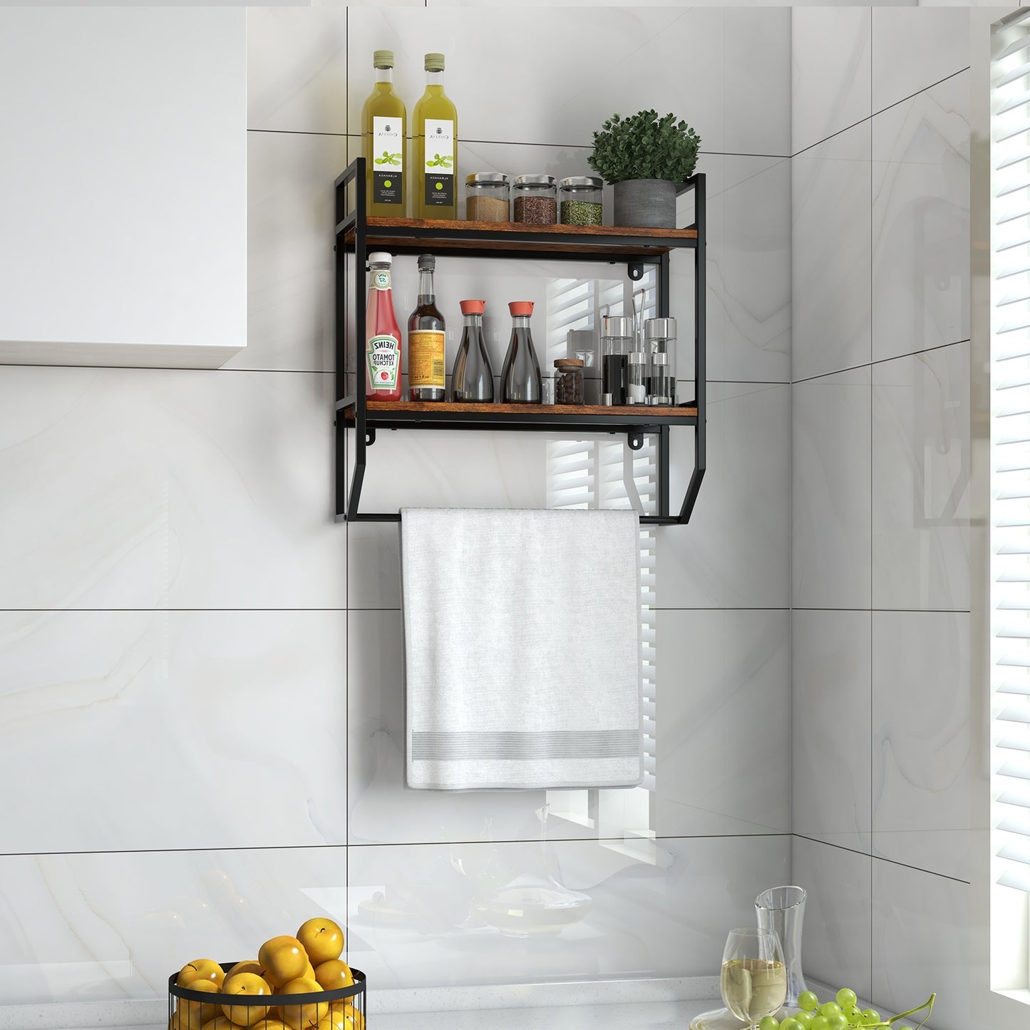 Wall-Mounted Storage Shelf with Metal Frame and Towel Rack for Bathroom