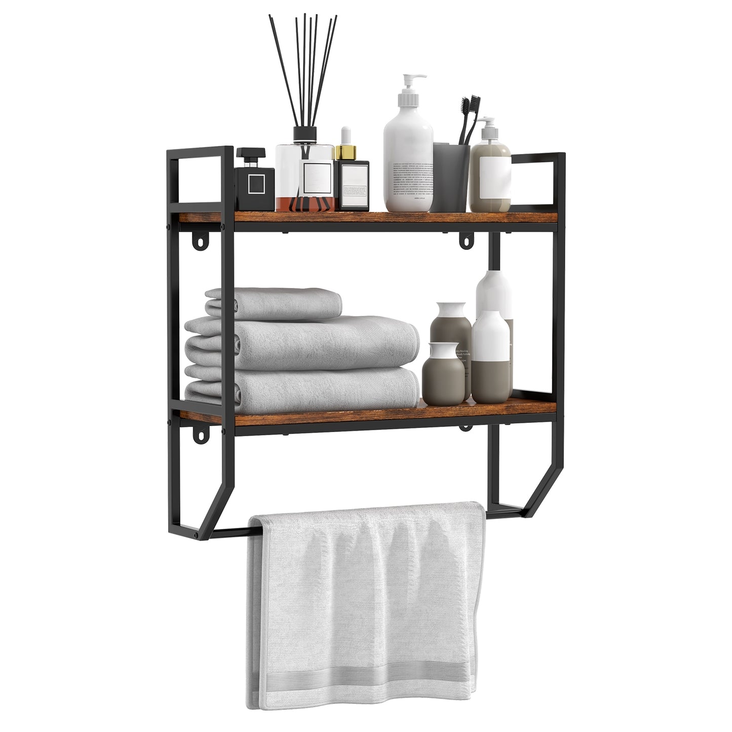Wall-Mounted Storage Shelf with Metal Frame and Towel Rack for Bathroom