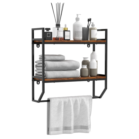 Wall-Mounted Storage Shelf with Metal Frame and Towel Rack for Bathroom