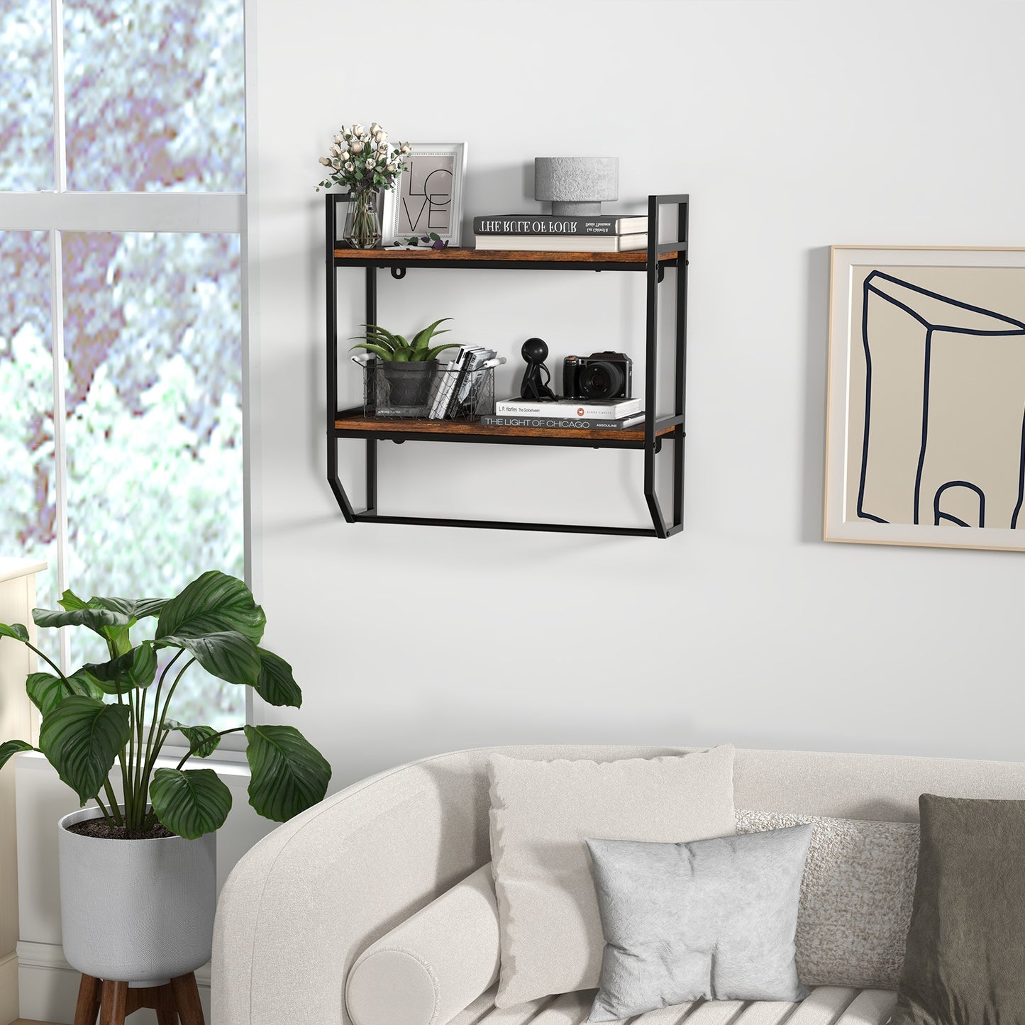 Wall-Mounted Storage Shelf with Metal Frame and Towel Rack for Bathroom