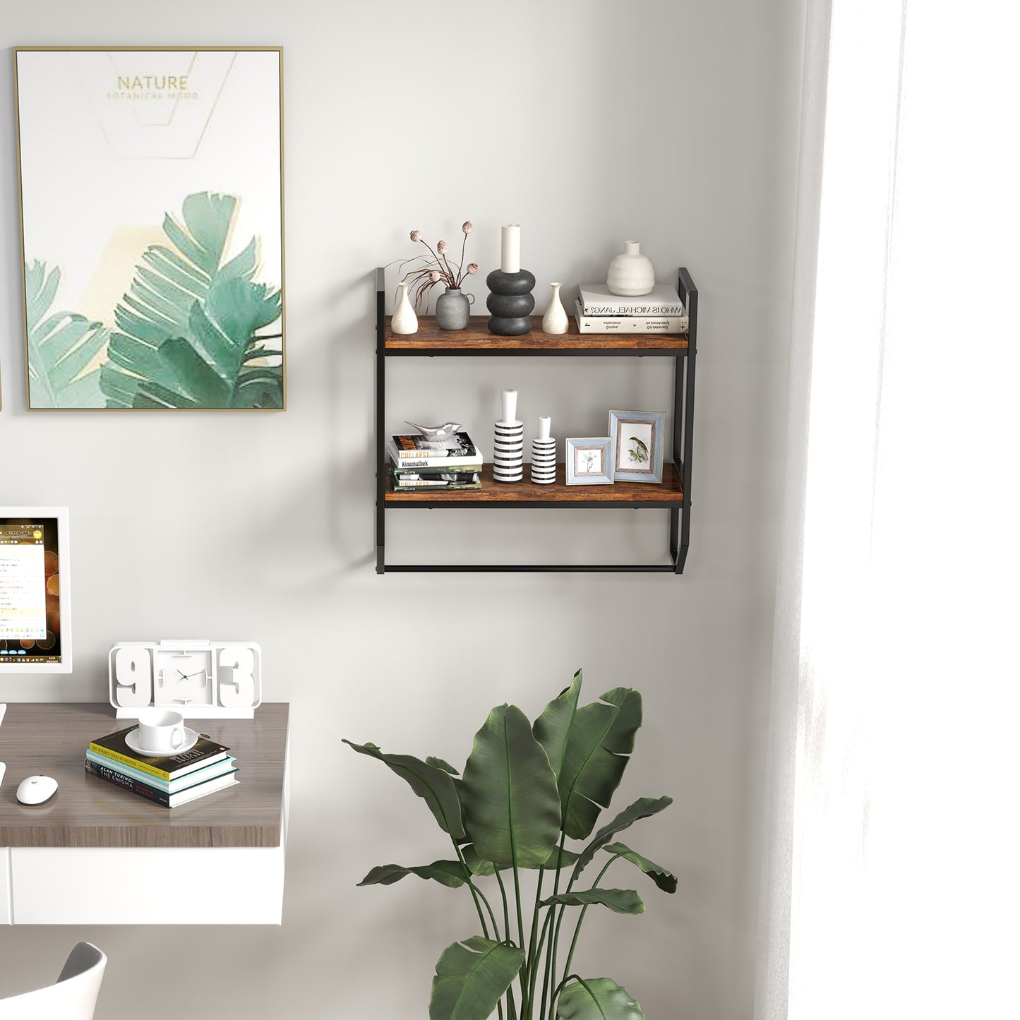 Wall-Mounted Storage Shelf with Metal Frame and Towel Rack for Bathroom