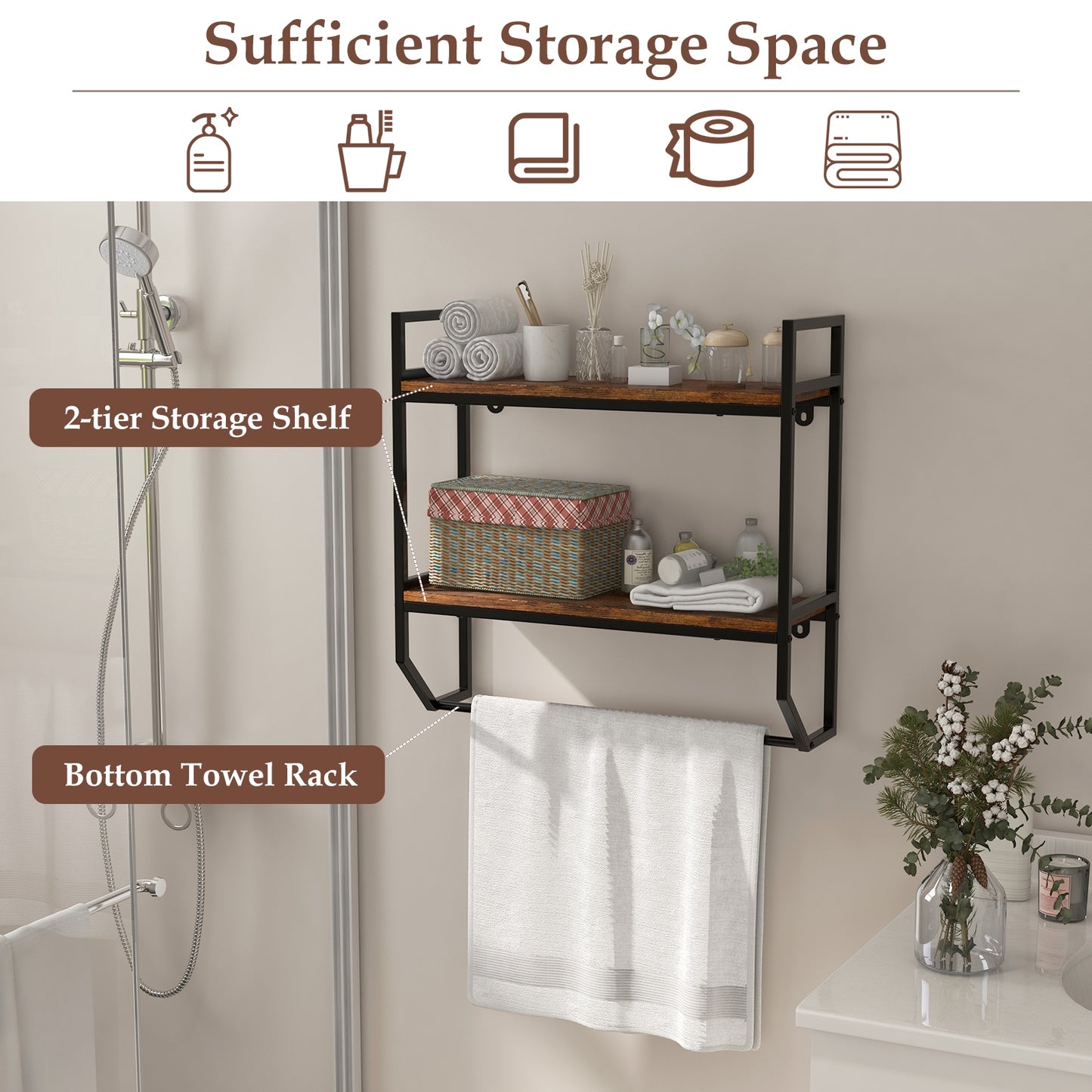 Wall-Mounted Storage Shelf with Metal Frame and Towel Rack for Bathroom