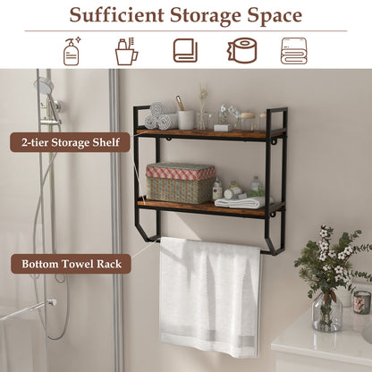 Wall-Mounted Storage Shelf with Metal Frame and Towel Rack for Bathroom