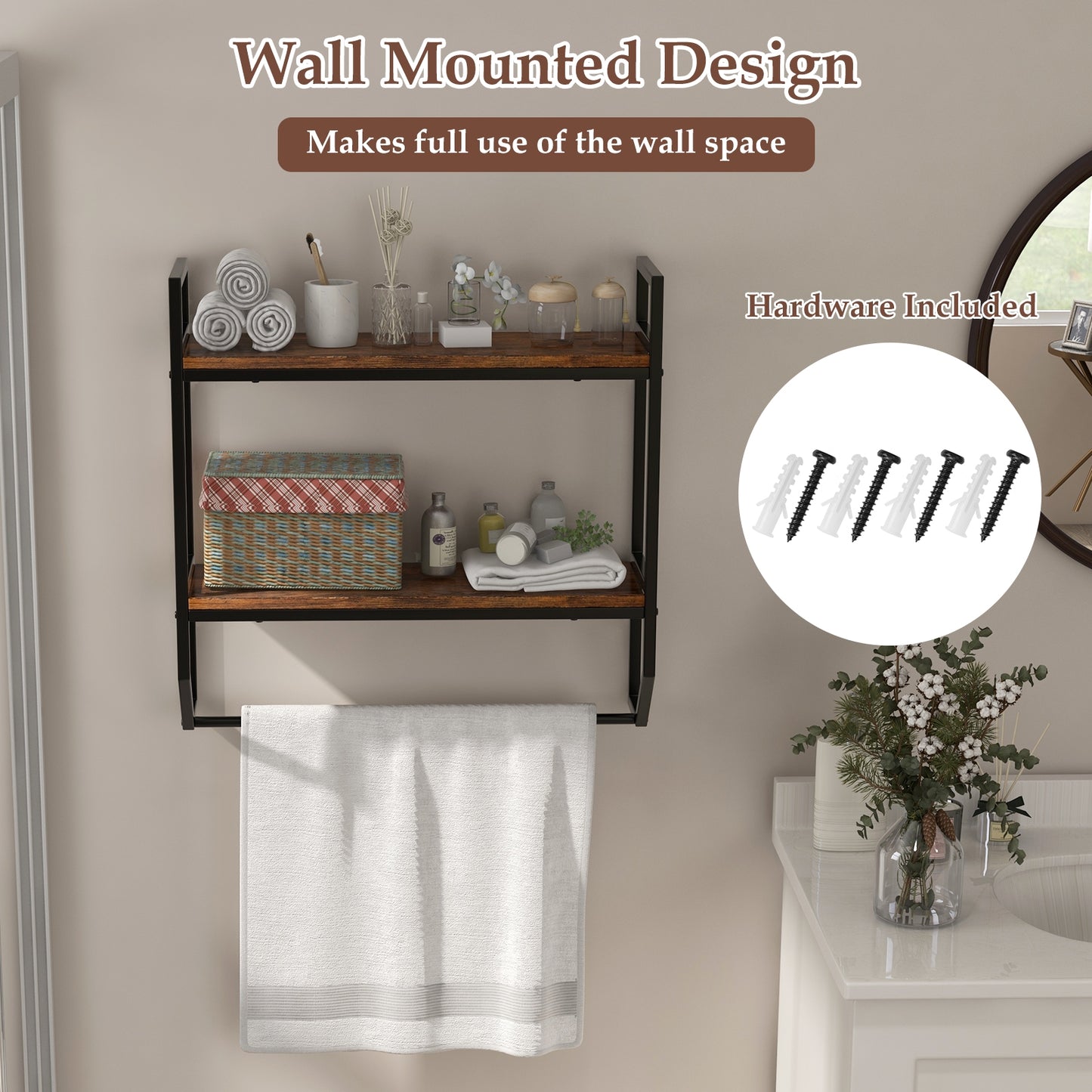 Wall-Mounted Storage Shelf with Metal Frame and Towel Rack for Bathroom