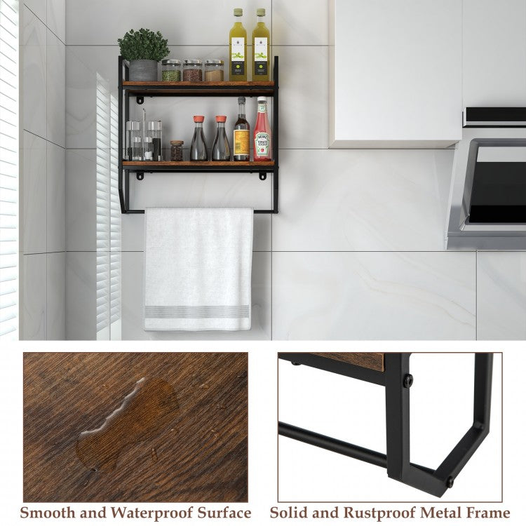 Wall-Mounted Storage Shelf with Metal Frame and Towel Rack for Bathroom