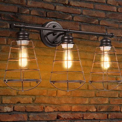 Vintage Inspired 3 Light Bathroom Vanity Sconce with Cage Design and Oil-Rubbed Bronze Finish