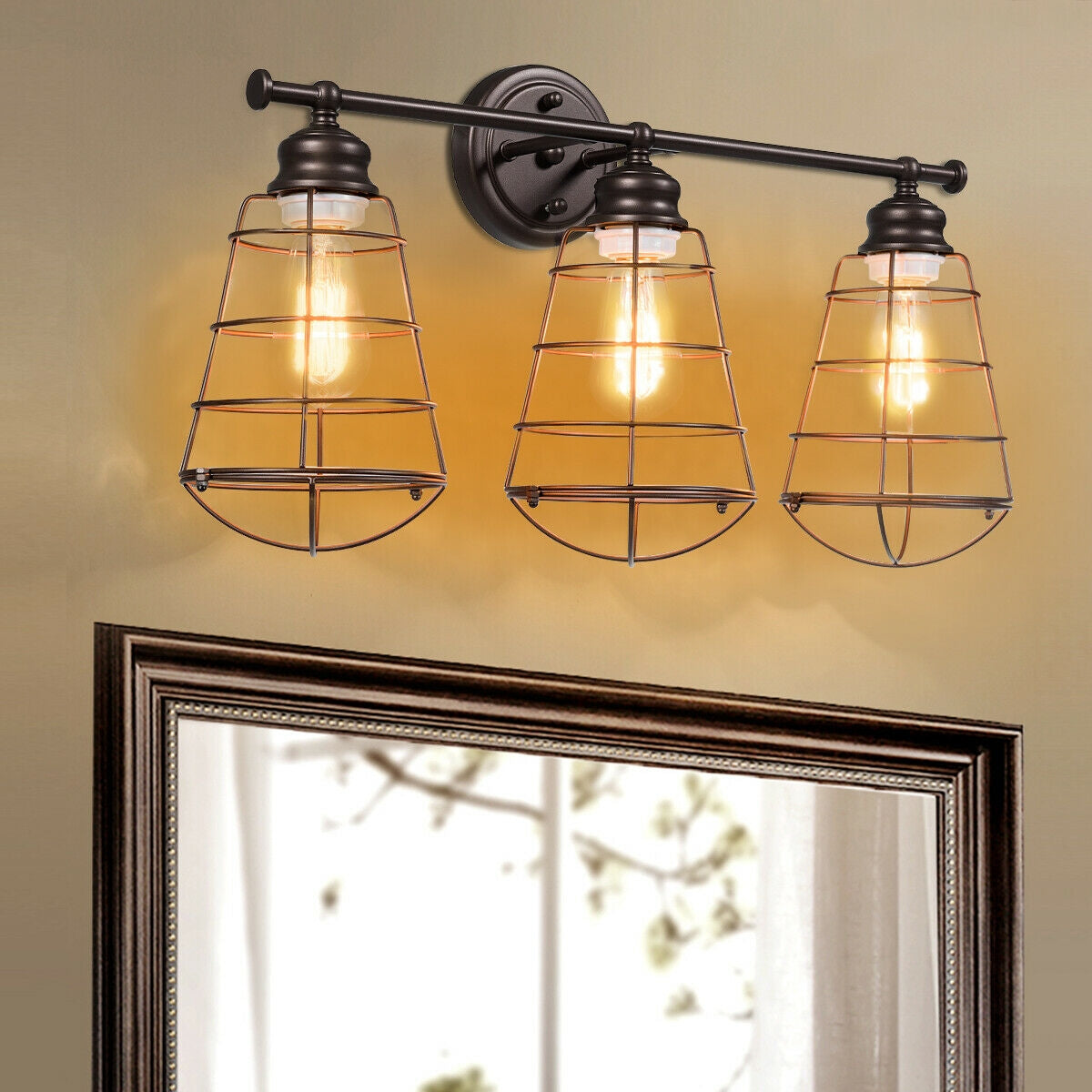 Vintage Inspired 3 Light Bathroom Vanity Sconce with Cage Design and Oil-Rubbed Bronze Finish