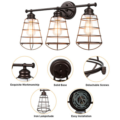Vintage Inspired 3 Light Bathroom Vanity Sconce with Cage Design and Oil-Rubbed Bronze Finish