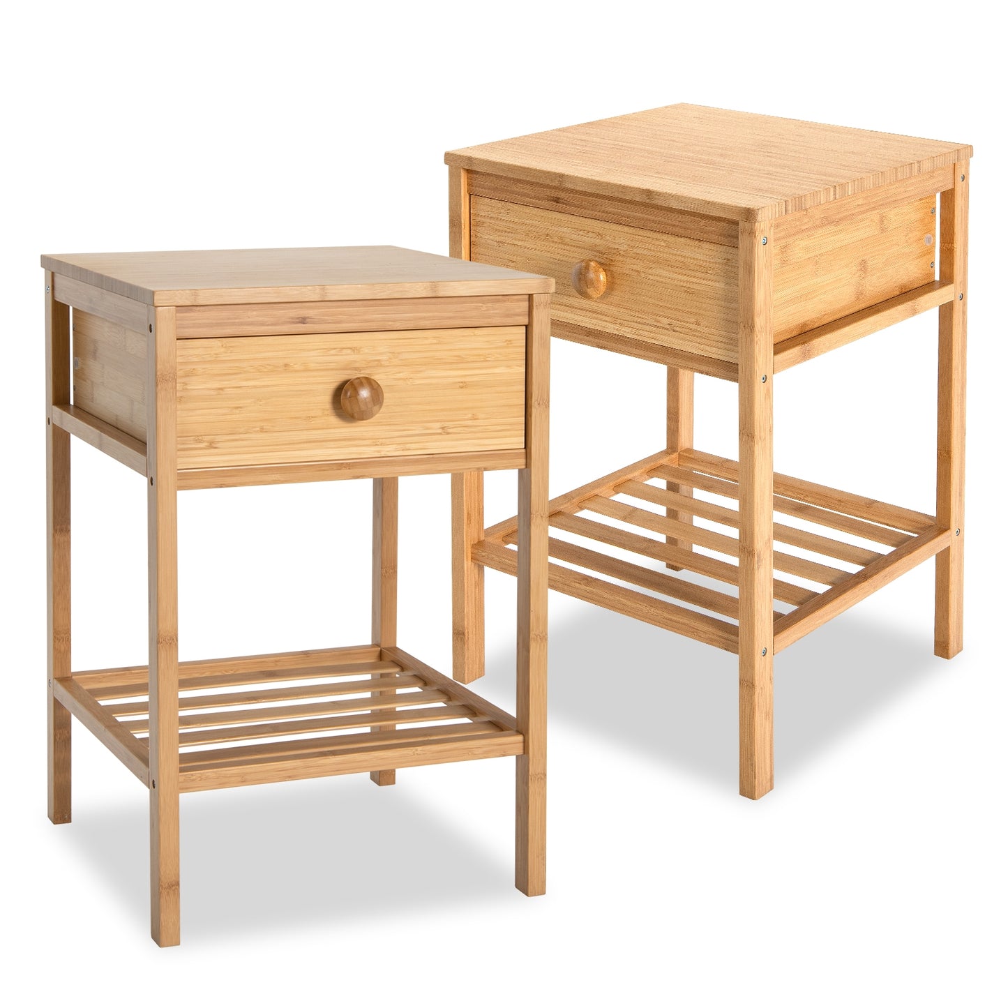 Set of 2 Bamboo Side Tables with Storage Drawer and Open Shelf for Home Décor