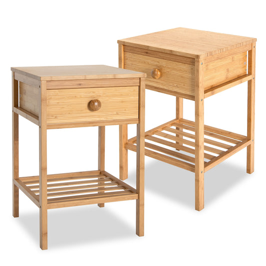 Set of 2 Bamboo Side Tables with Storage Drawer and Open Shelf for Home Décor