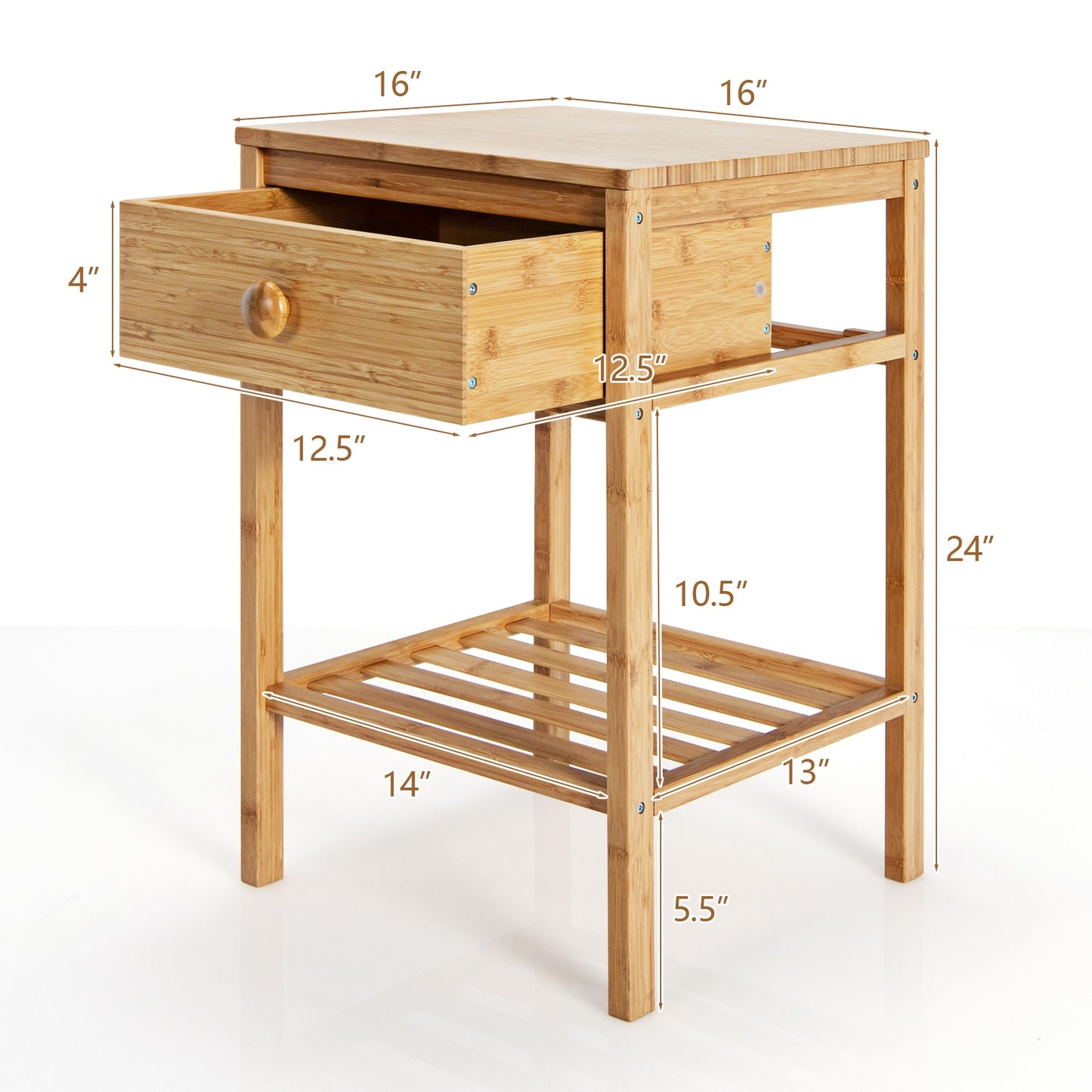 Set of 2 Bamboo Side Tables with Storage Drawer and Open Shelf for Home Décor