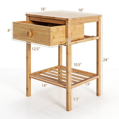 Set of 2 Bamboo Side Tables with Storage Drawer and Open Shelf for Home Décor