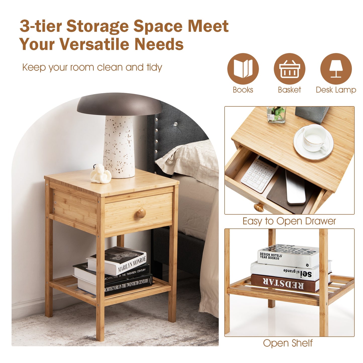Set of 2 Bamboo Side Tables with Storage Drawer and Open Shelf for Home Décor