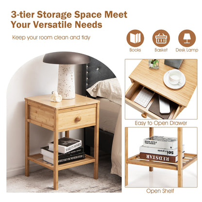 Set of 2 Bamboo Side Tables with Storage Drawer and Open Shelf for Home Décor