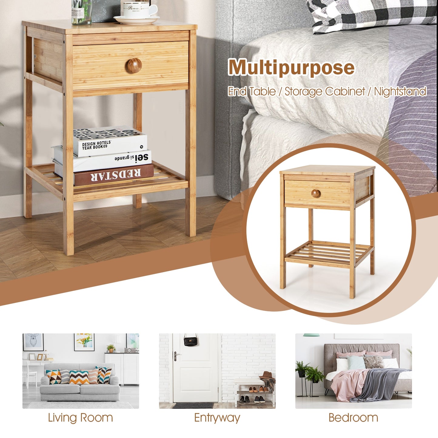 Set of 2 Bamboo Side Tables with Storage Drawer and Open Shelf for Home Décor