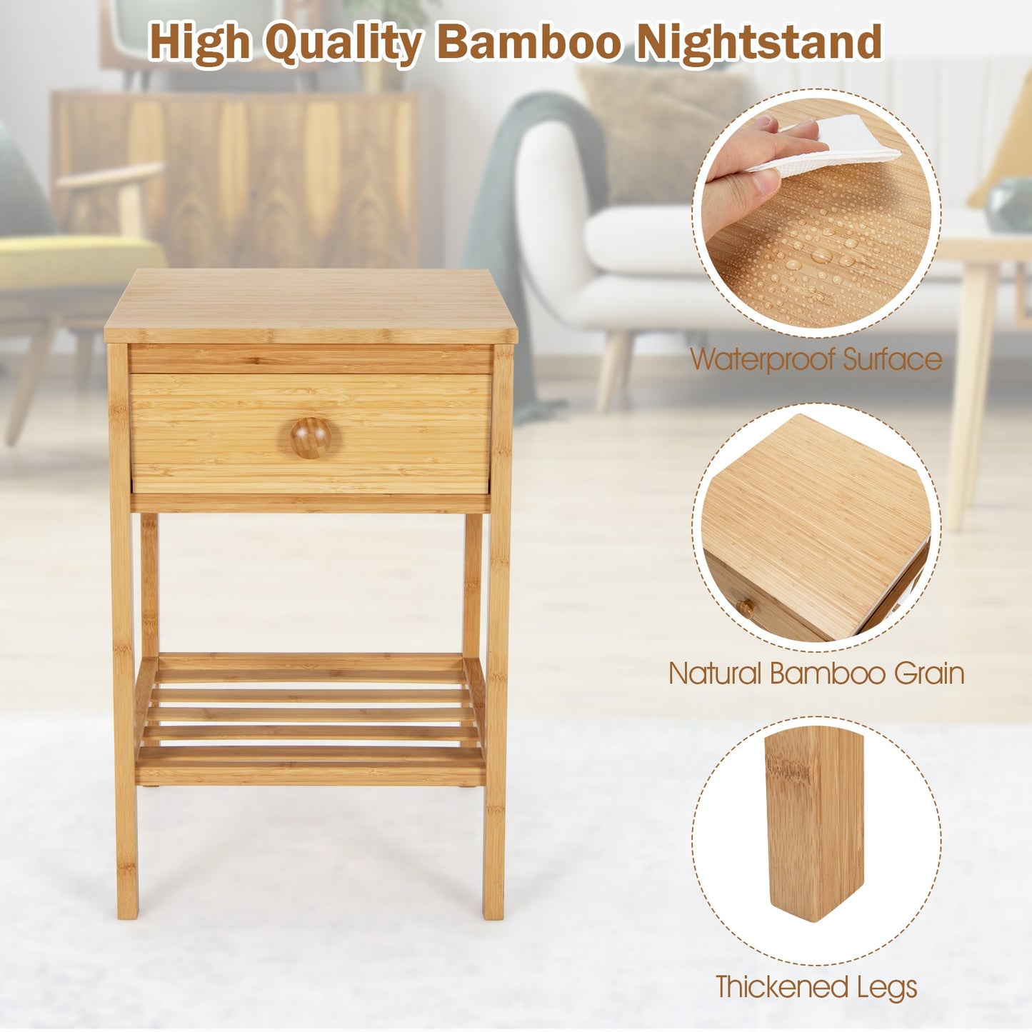 Set of 2 Bamboo Side Tables with Storage Drawer and Open Shelf for Home Décor