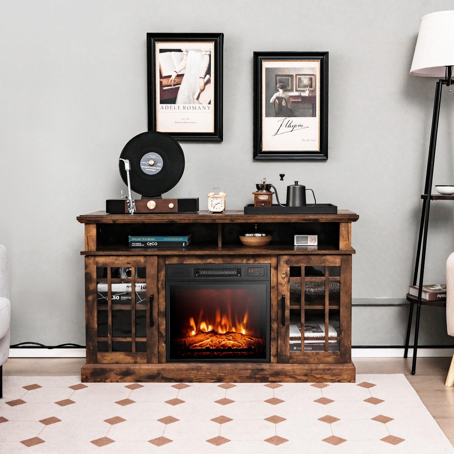 Modern 48 Inch TV Stand with Electric Fireplace and Adjustable Cabinets for TVs Up to 55 Inches - Brown