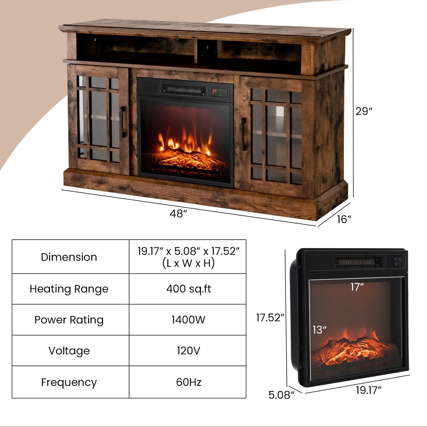 Modern 48 Inch TV Stand with Electric Fireplace and Adjustable Cabinets for TVs Up to 55 Inches - Brown