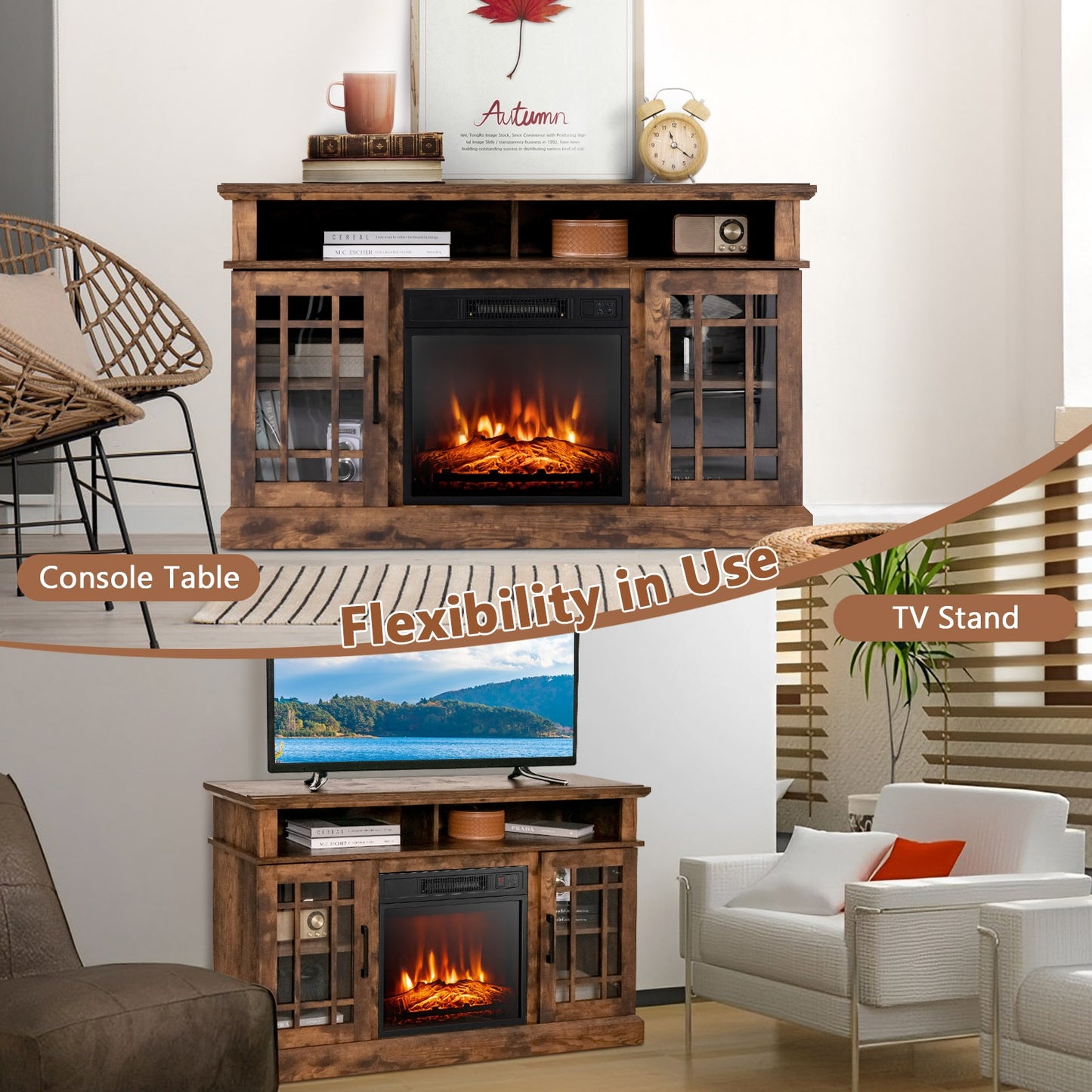 Modern 48 Inch TV Stand with Electric Fireplace and Adjustable Cabinets for TVs Up to 55 Inches - Brown