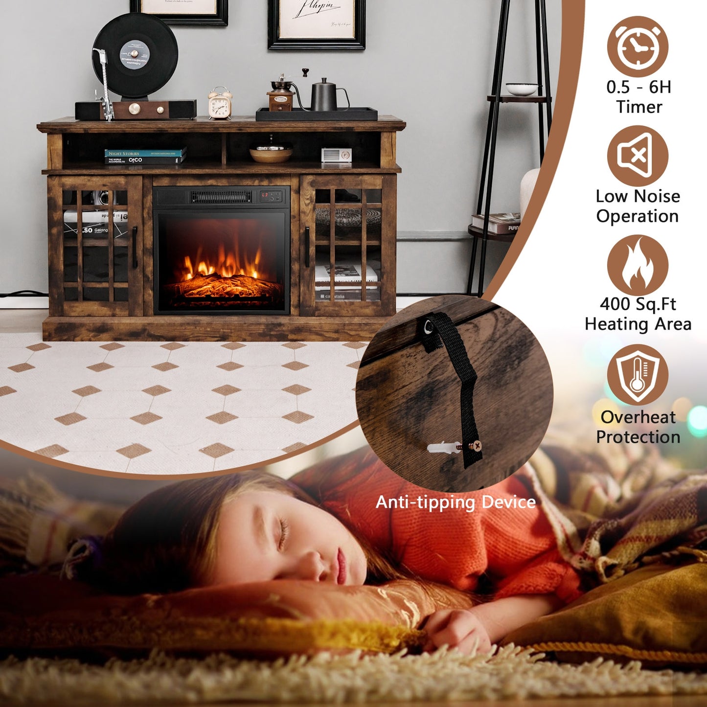 Modern 48 Inch TV Stand with Electric Fireplace and Adjustable Cabinets for TVs Up to 55 Inches - Brown