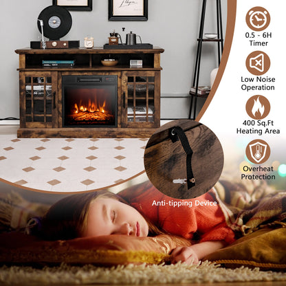Modern 48 Inch TV Stand with Electric Fireplace and Adjustable Cabinets for TVs Up to 55 Inches - Brown