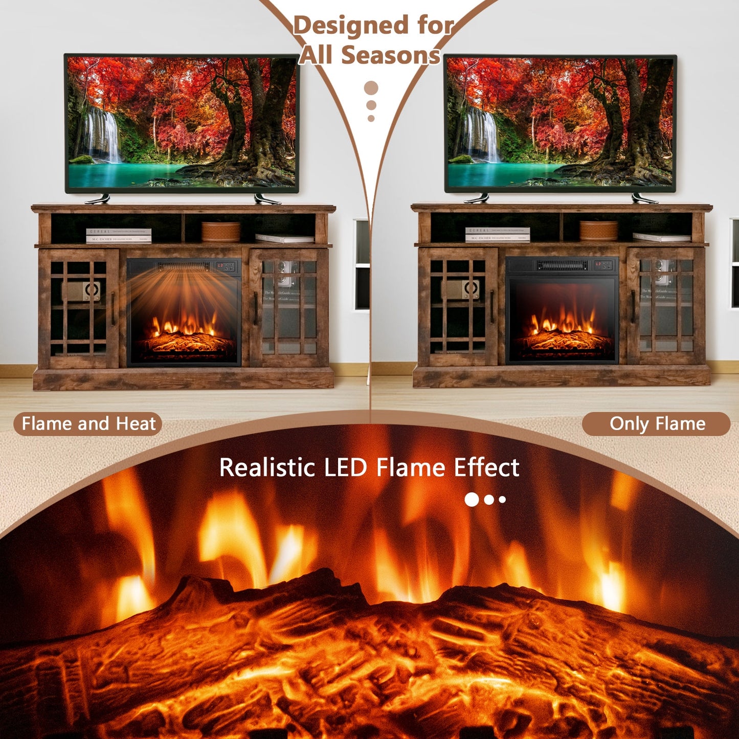 Modern 48 Inch TV Stand with Electric Fireplace and Adjustable Cabinets for TVs Up to 55 Inches - Brown