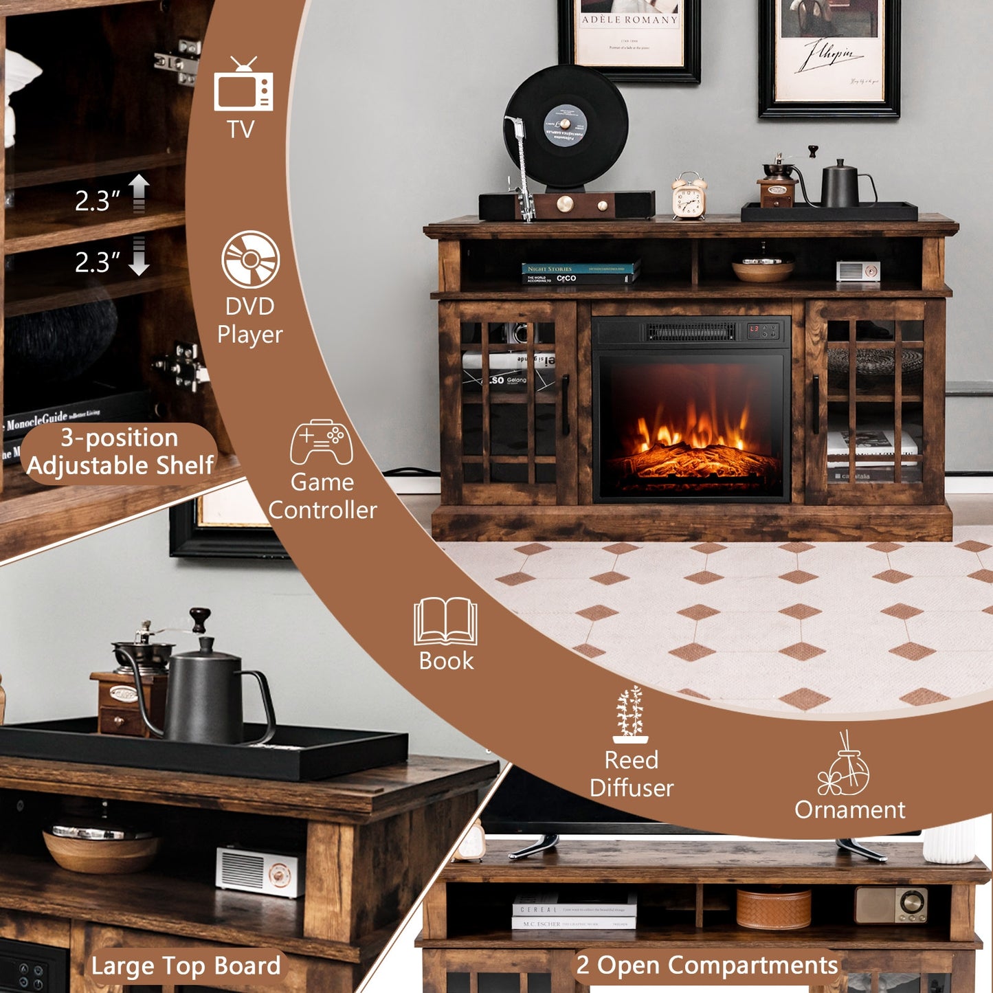 Modern 48 Inch TV Stand with Electric Fireplace and Adjustable Cabinets for TVs Up to 55 Inches - Brown