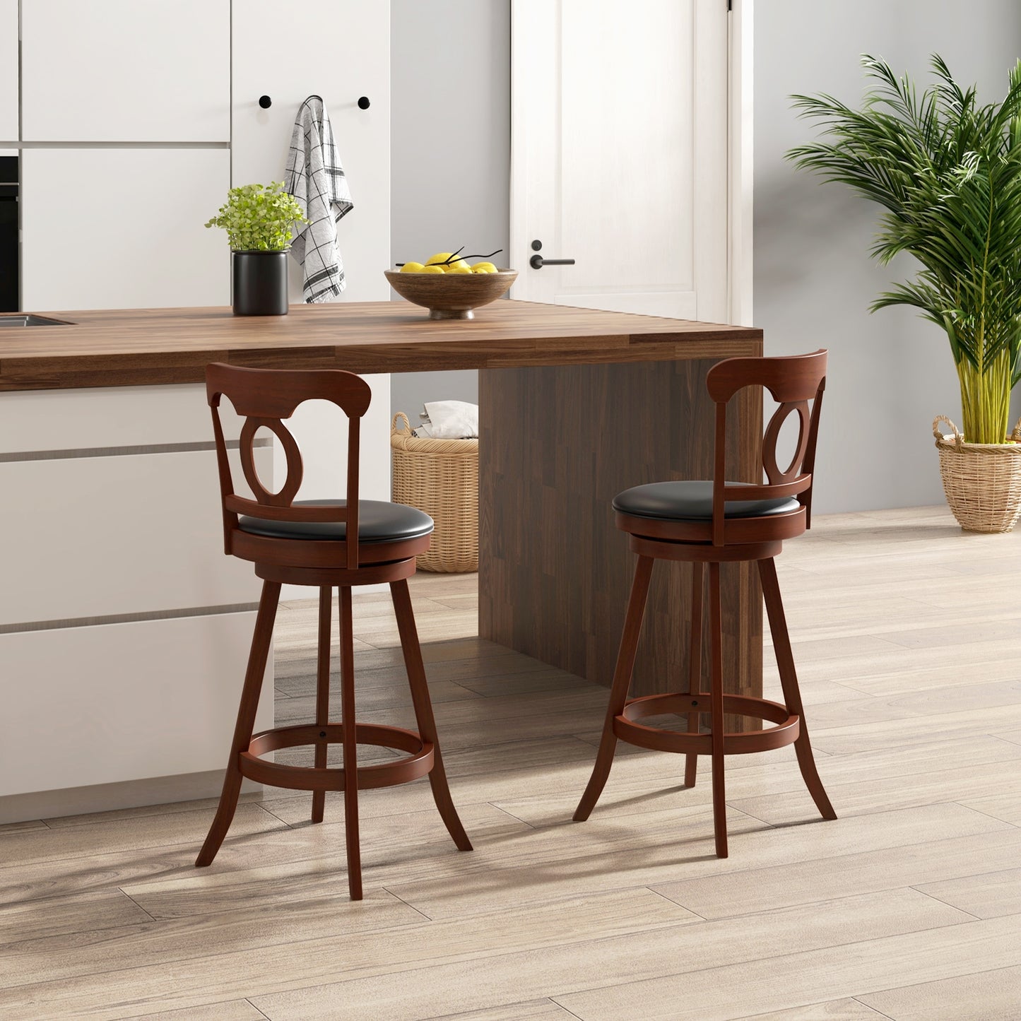 Pair of Swivel Bar Stools with Curved Back and Built-in Footrest, Height 30 Inch