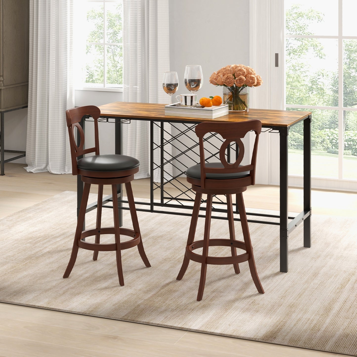 Pair of Swivel Bar Stools with Curved Back and Built-in Footrest, Height 30 Inch