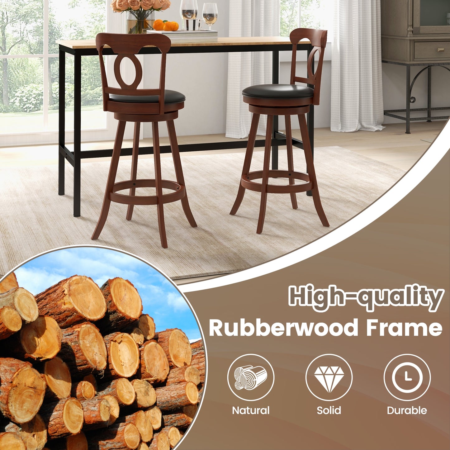 Pair of Swivel Bar Stools with Curved Back and Built-in Footrest, Height 30 Inch