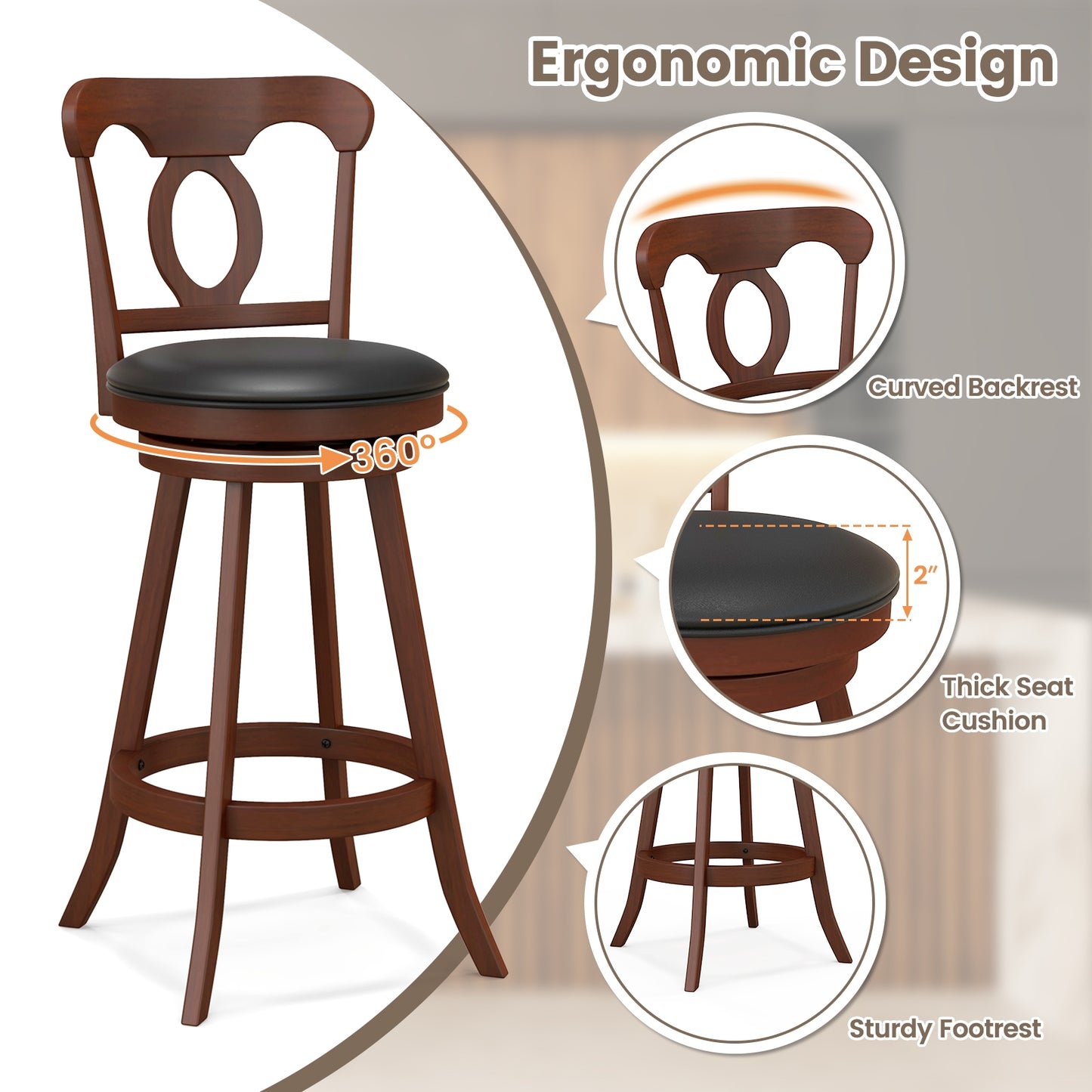 Pair of Swivel Bar Stools with Curved Back and Built-in Footrest, Height 30 Inch
