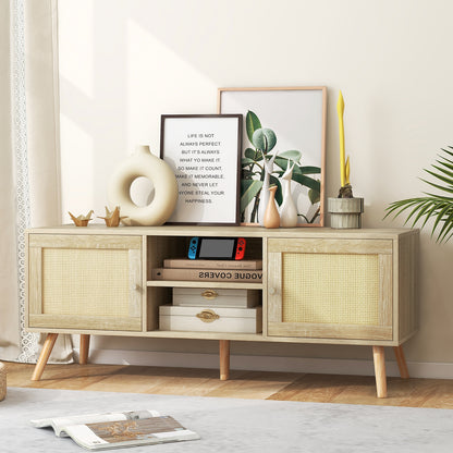 PE Rattan Media Console Table with Two Cabinets and Open Shelves for TVs up to 55 Inches