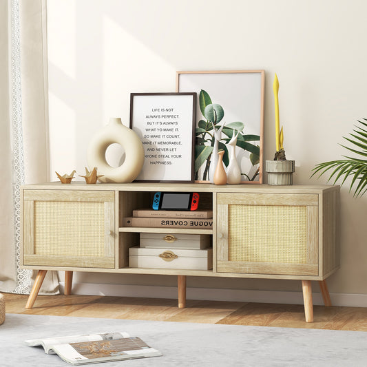 PE Rattan Media Console Table with Two Cabinets and Open Shelves for TVs up to 55 Inches