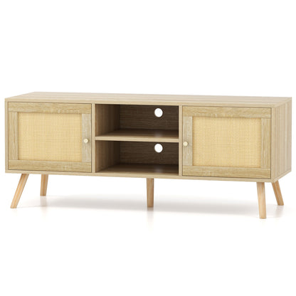 PE Rattan Media Console Table with Two Cabinets and Open Shelves for TVs up to 55 Inches