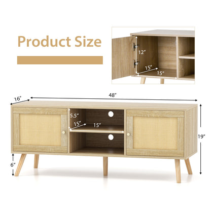 PE Rattan Media Console Table with Two Cabinets and Open Shelves for TVs up to 55 Inches
