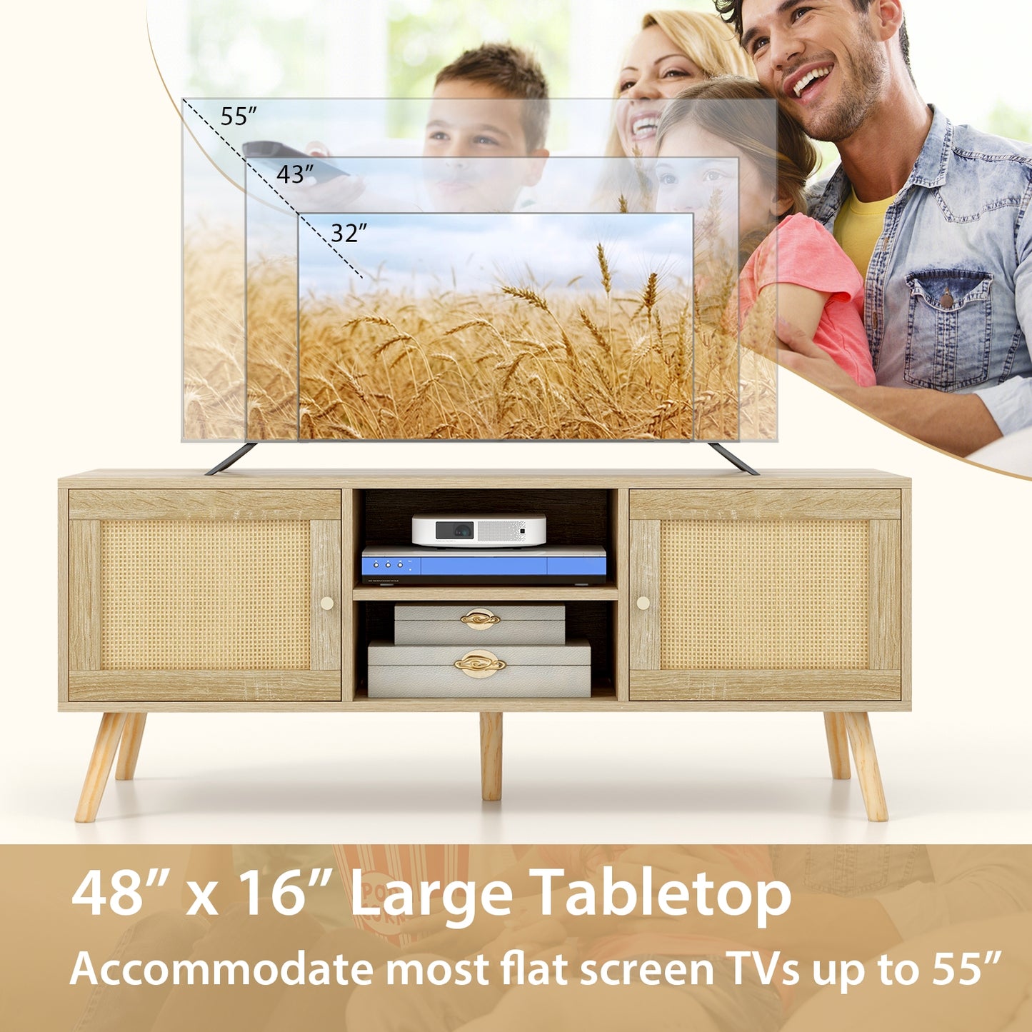 PE Rattan Media Console Table with Two Cabinets and Open Shelves for TVs up to 55 Inches