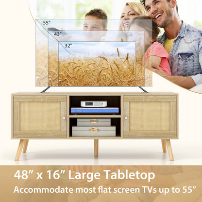 PE Rattan Media Console Table with Two Cabinets and Open Shelves for TVs up to 55 Inches