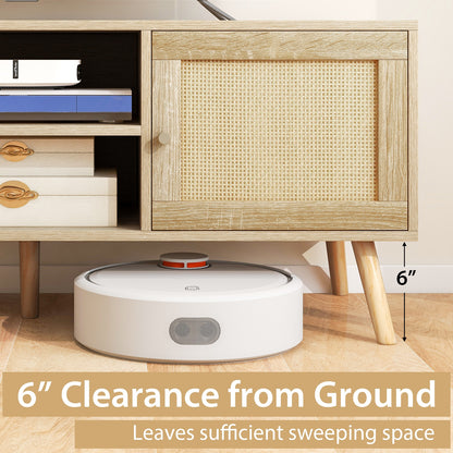 PE Rattan Media Console Table with Two Cabinets and Open Shelves for TVs up to 55 Inches