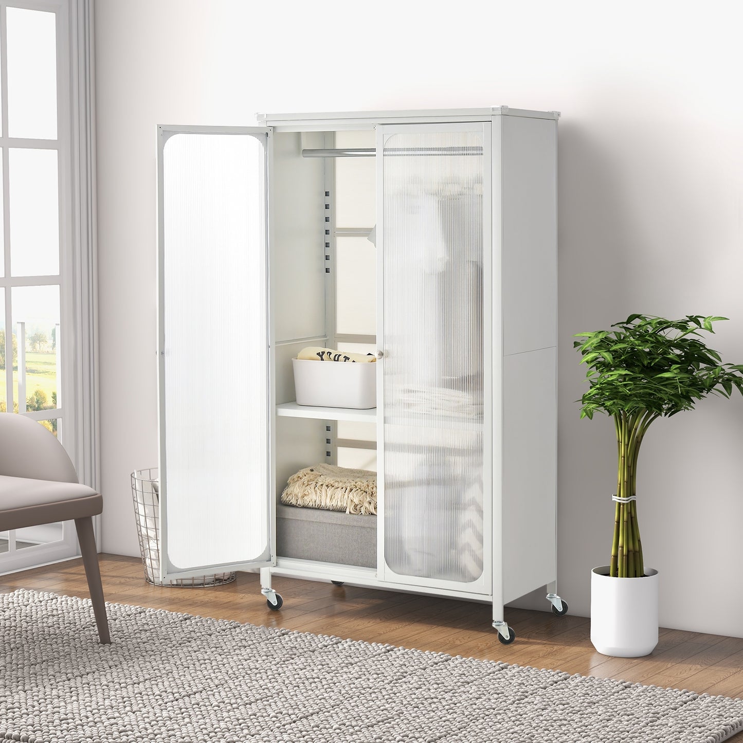 Mobile Rolling Wardrobe Closet with Adjustable Shelf and Hanging Rod – Modern Storage Armoire